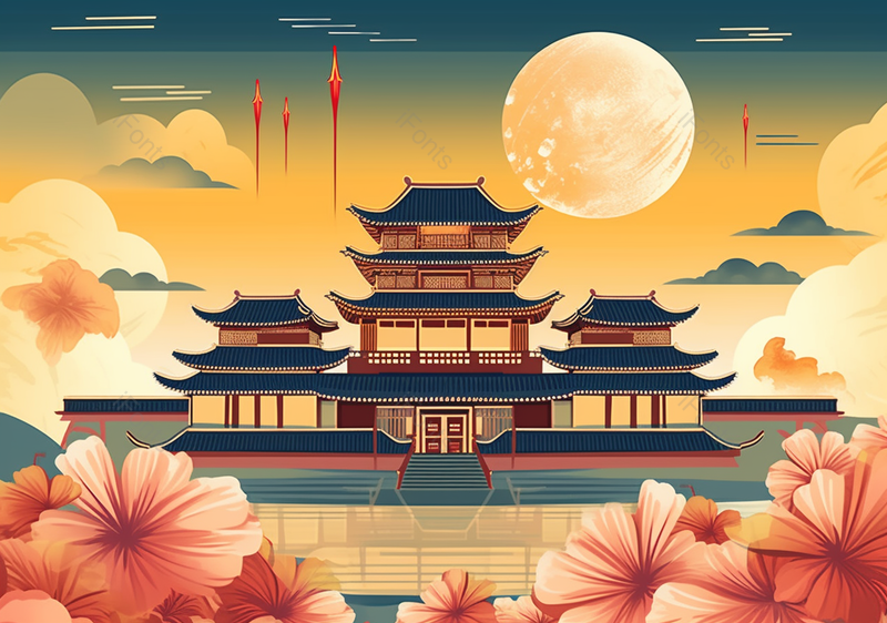 唐朝古建筑国潮节日背景插画背景,插画/手绘图,插画/手绘图库,插画/手绘图下载,插画/手绘
